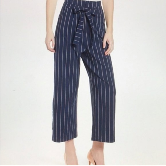 LEITH Navy Striped High Waist Stretch Wide Leg Cropped Pants Size Large - Picture 1 of 8